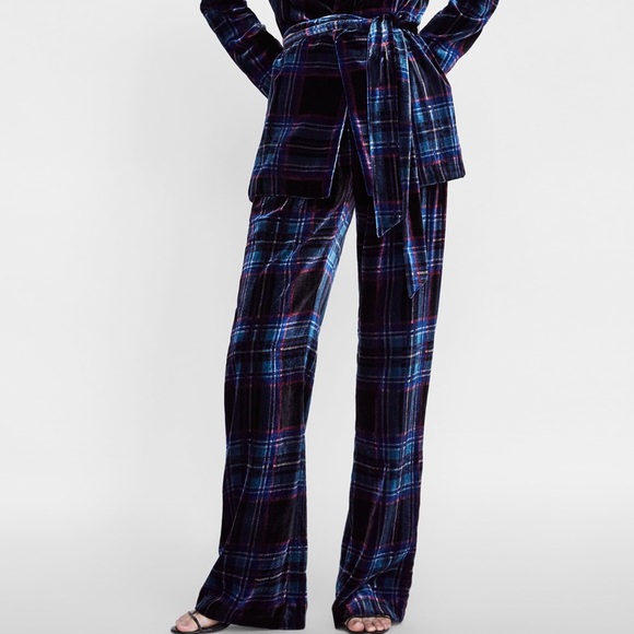 Nwt Zara Velvet Plaid Trousers 